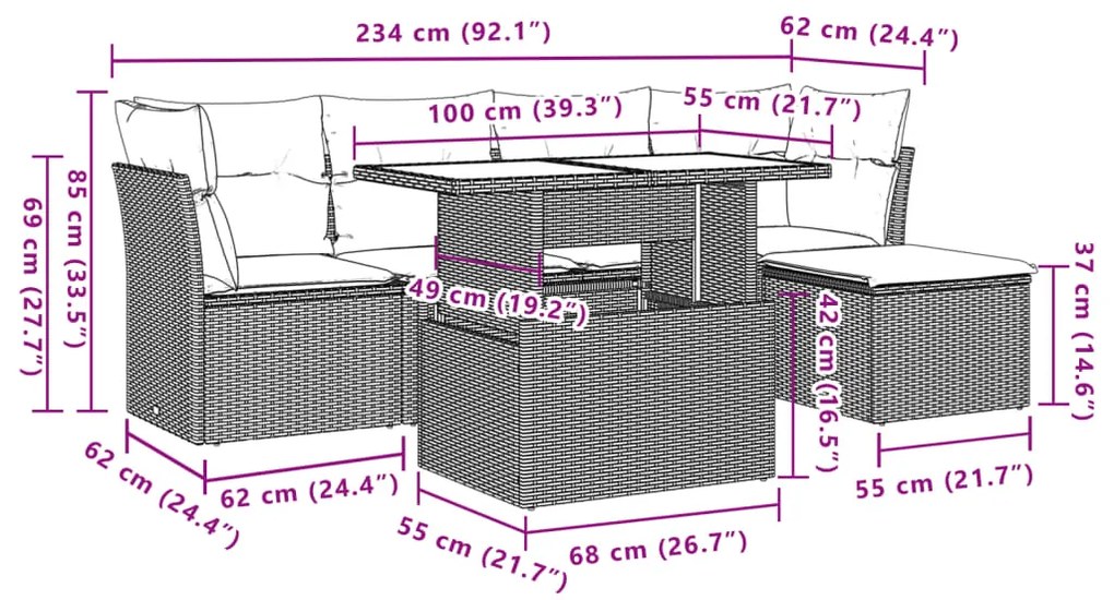 6 pcs conjunto de sofás jardim c/ almofadões vime PE castanho