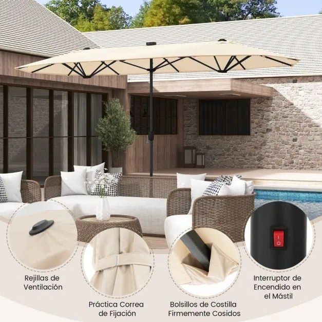 Guarda-sol de jardim Duplo 4 x 2 m com luzes solares, manivela com base Bege