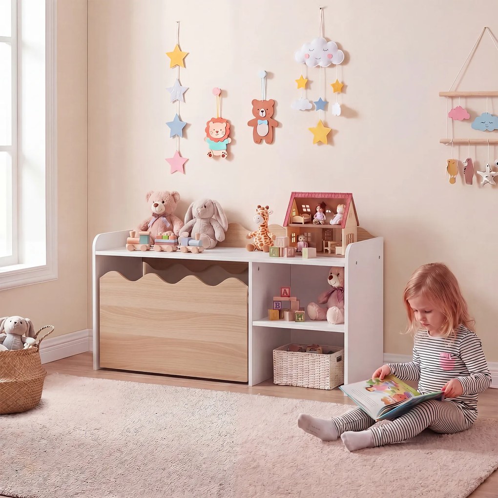 Secretária Infantil, 89,5 x 40 x 45 cm, Caixa de Arrumação com Rodas, Natural+Branco