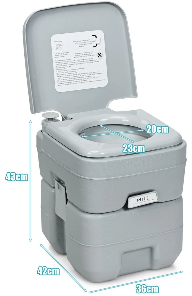 Sanita móvel portátil com tanque de resíduos de 20 l, assento confortável para viagens, acampamento, excursões, cinza 42 x 36 x 43 cm Cinzento
