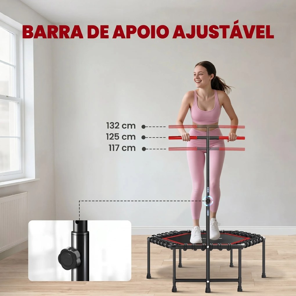 Trampolim Fitness 114x114x132 cm com Guiador Ajustável em 3 Níveis Estrutura de Aço para Treino de Perna Corpo Vermelho