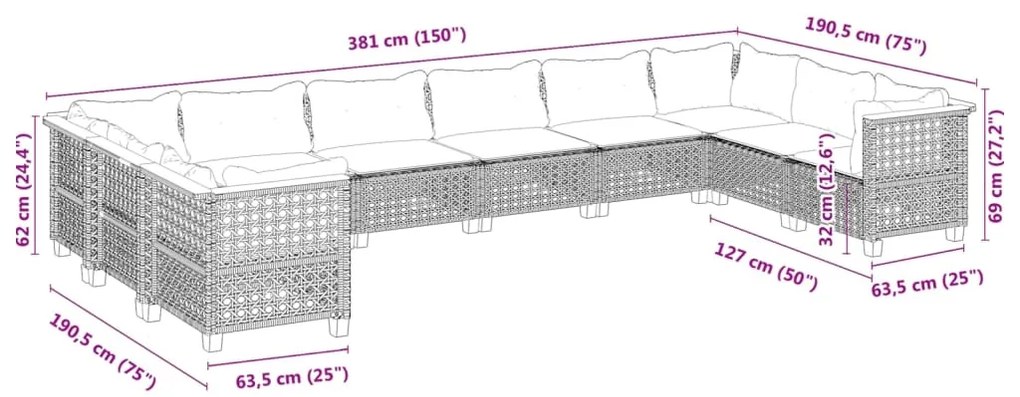10 pcs conjunto sofás de jardim c/ almofadões vime PE cinzento