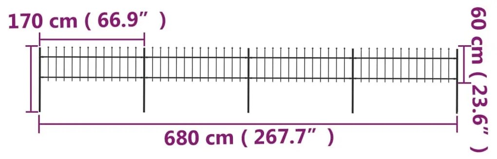 Cerca de jardim com topo em lanças 6,8x0,6 m aço preto