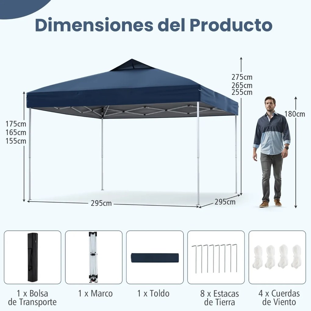 Tenda dobrável 295 x 295 cm para jardim, feiras, eventos com bolsa de transporte teto ventilado Azul Escuro