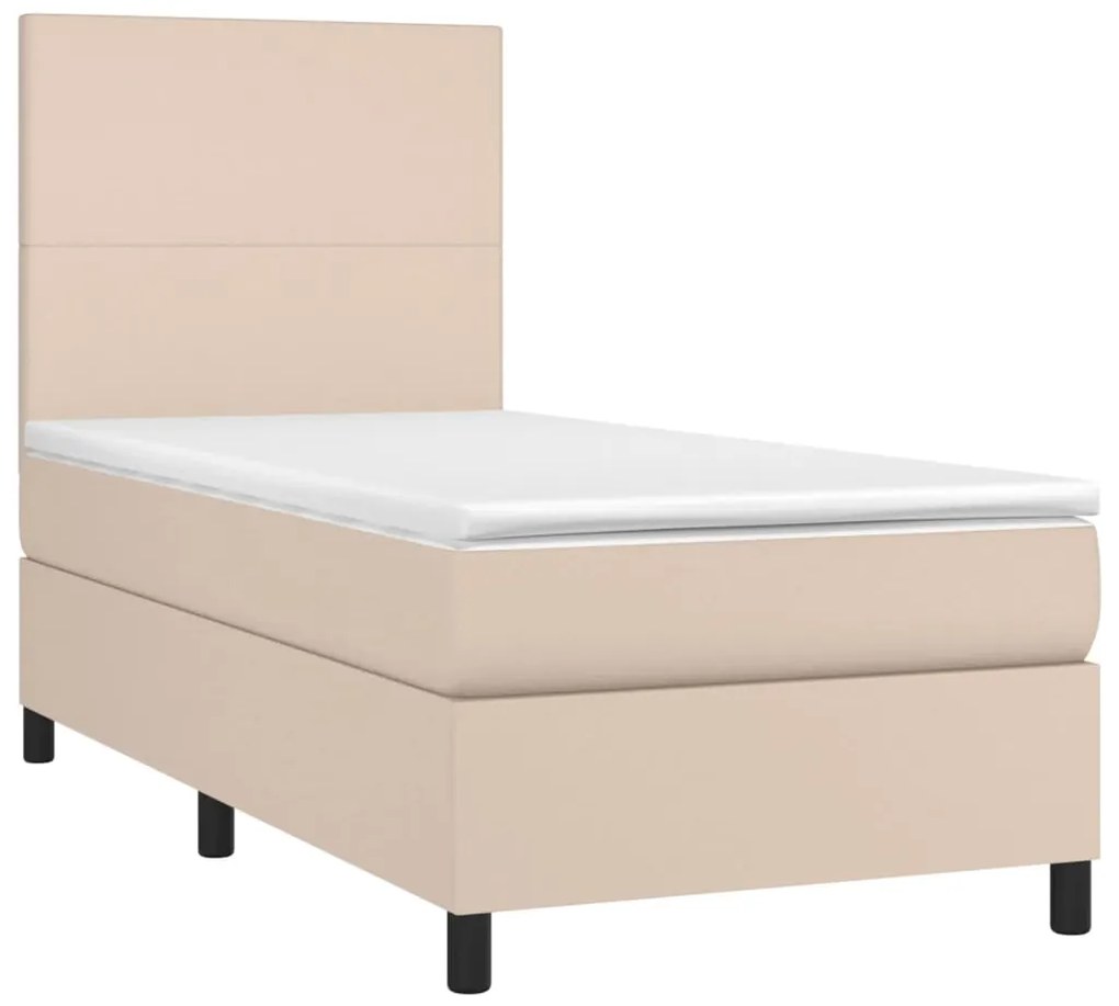 Cama box spring c/colchão/LED 100x200cm couro artif. cappuccino