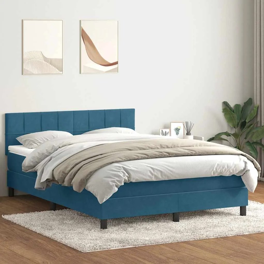 vidaXL Cama com molas/colchão 140x210 cm veludo azul-escuro
