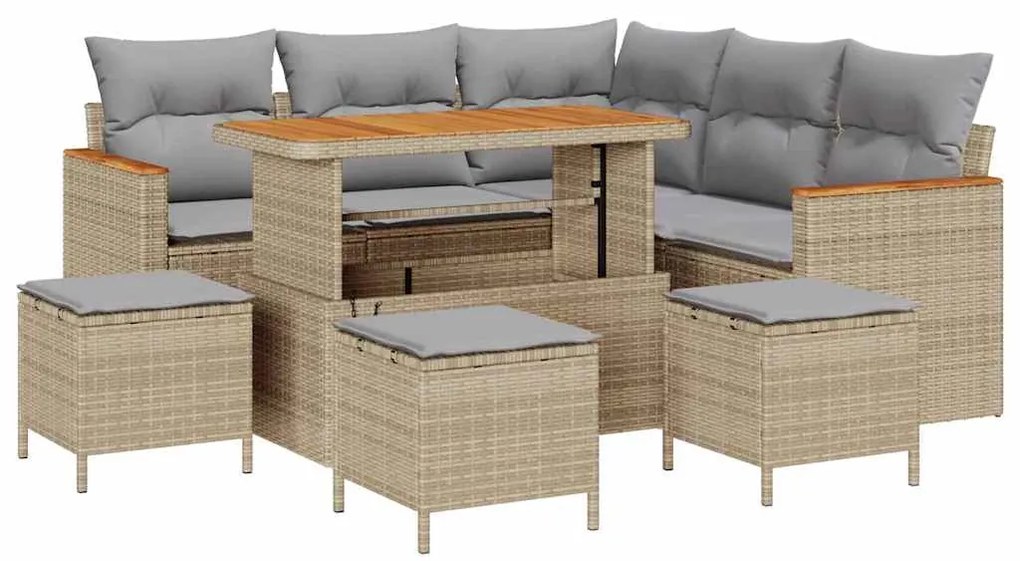 Conjunto de Sofá de Jardim com 9 Peças e Almofadas em Rattan Poly Bege