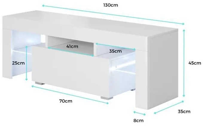 Móvel de TV Ernes Branco com LED RGB – 130x35x45 cm – 1 Gaveta e 3 Com