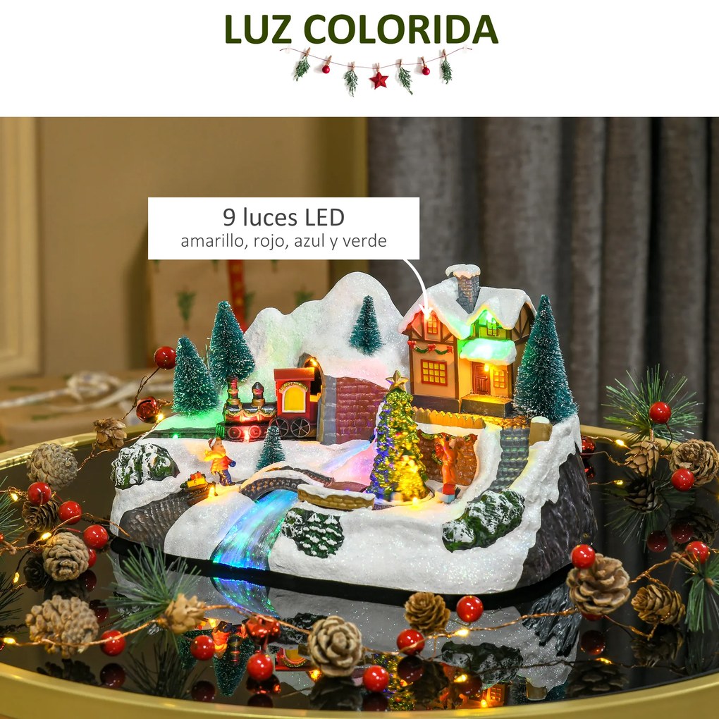 HOMCOM Aldeia de Natal com Luzes LED Árvore Giratória e Música Decoração de Natal 30x19x19,5cm Multicor
