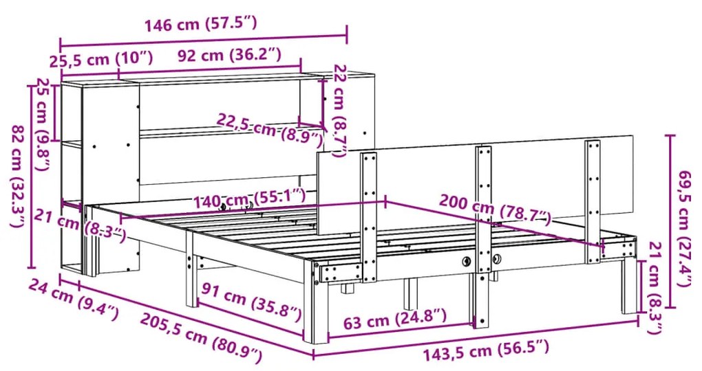 Cama com estante sem colchão 140x200 cm pinho maciço