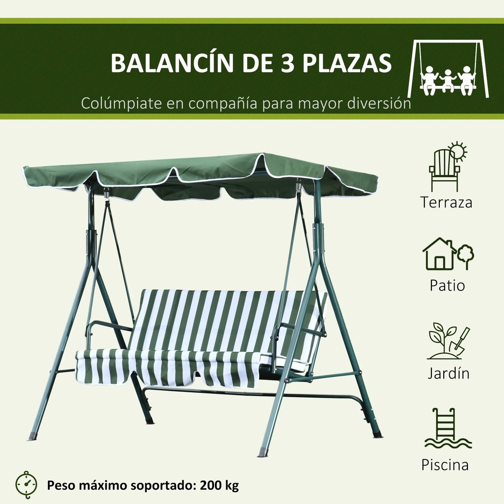 Outsunny Baloiço de Jardim de 3 Lugares com Almofada Toldo Ajustável e Estrutura de Metal para Balcão Terraço Patio Carga Máx. 200kg 172x110x153cm Verde e Branco