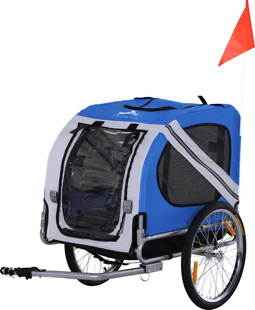 Reboque de bicicleta para cães e animais de estimação, com 8 refletores, bandeira e barra de engate incluídas, 130 x 73 x 90 cm, azul