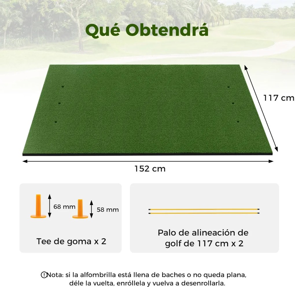 Tapete de golfe de relva sintética 3 em 1, 2 bastões de alinhamento 152 x 117 x 2,5 cm Verde
