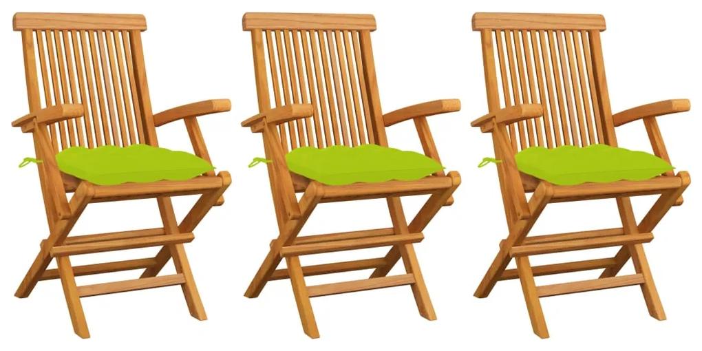 3062540 vidaXL Cadeiras jardim c/ almofadões verde brilhante 3 pcs teca maciça