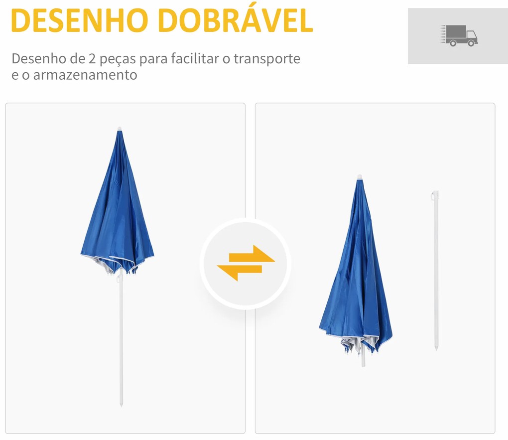 Chapéu de Sol de Praia com Painel Lateral Ø220x220 cm com Manivela Manual 8 Hastes de Aço e Bolsa de Transporte Azul