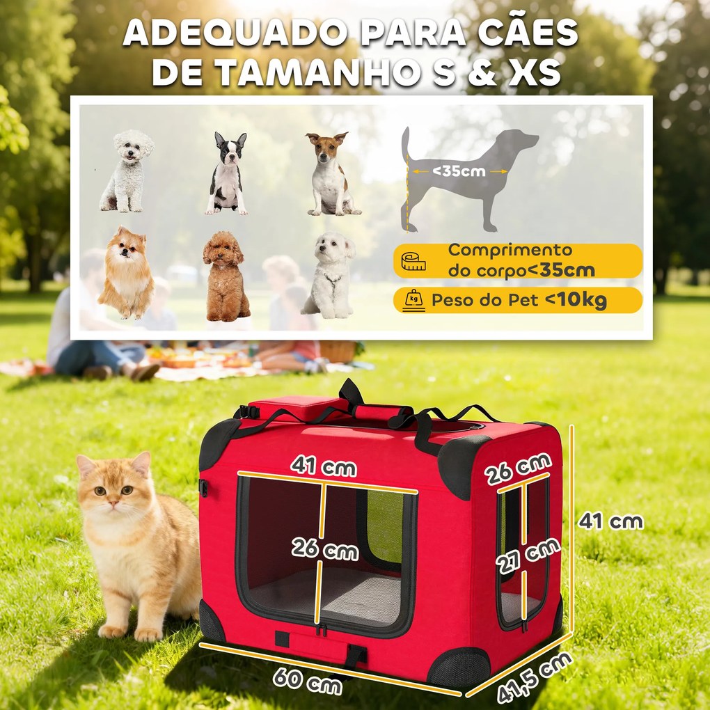 Transportadora Dobrável para Cães 60x41,5x41 cm com Janelas de Rede, Almofada Macia e 2 Alças para Mini Cães e Gatos Vermelho