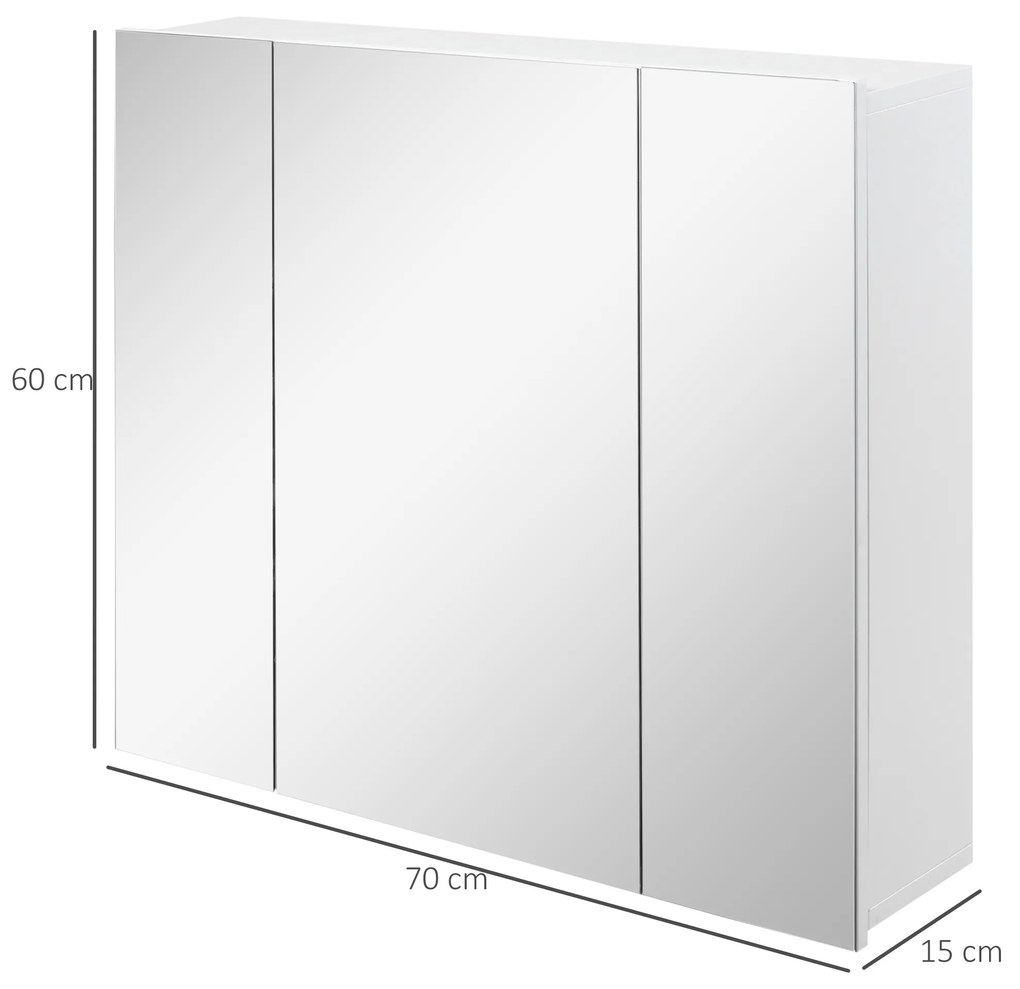 Armário de Casa de Banho com 3 Portas com Espelho Armário de Parede com Prateleiras Internas Ajustáveis 70x15x60 cm Branco