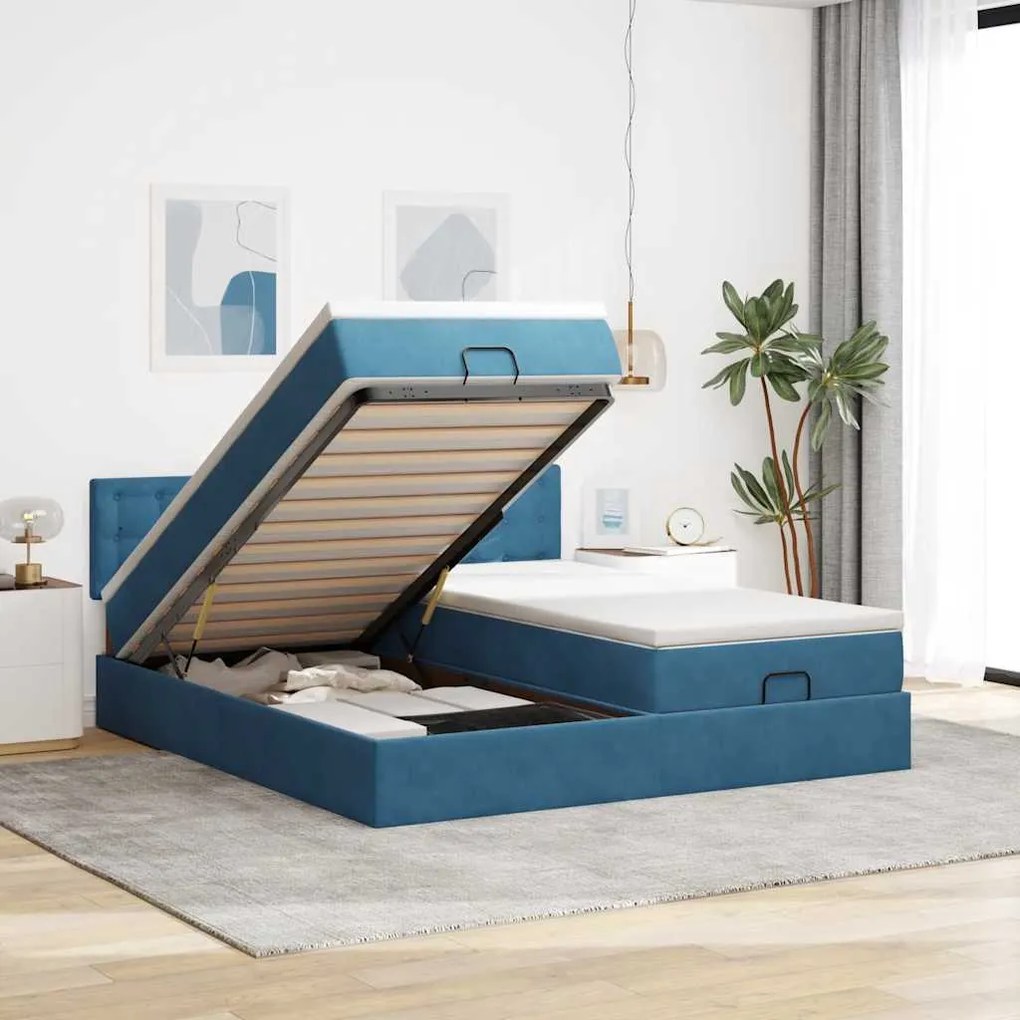 Estrutura cama otomana colchões 180x200 cm veludo azul escuro