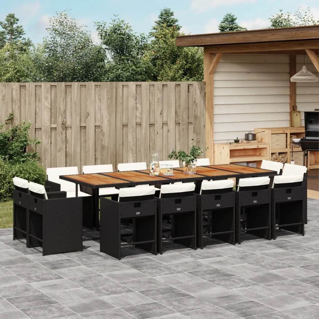 vidaXL 15 pcs conjunto de jantar p/jardim com almofadões vime PE preto