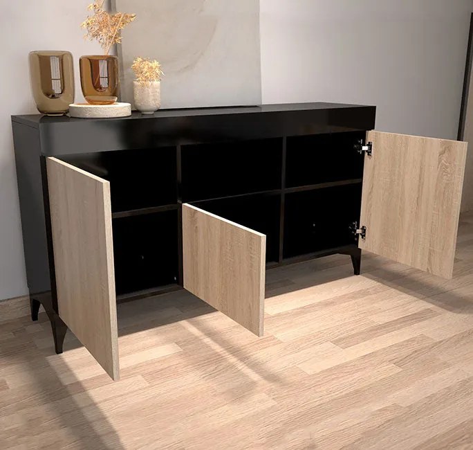 Aparador Koi – 130x32,5x58 cm – Preto e Sonoma Mate – 3 Portas + Nicho