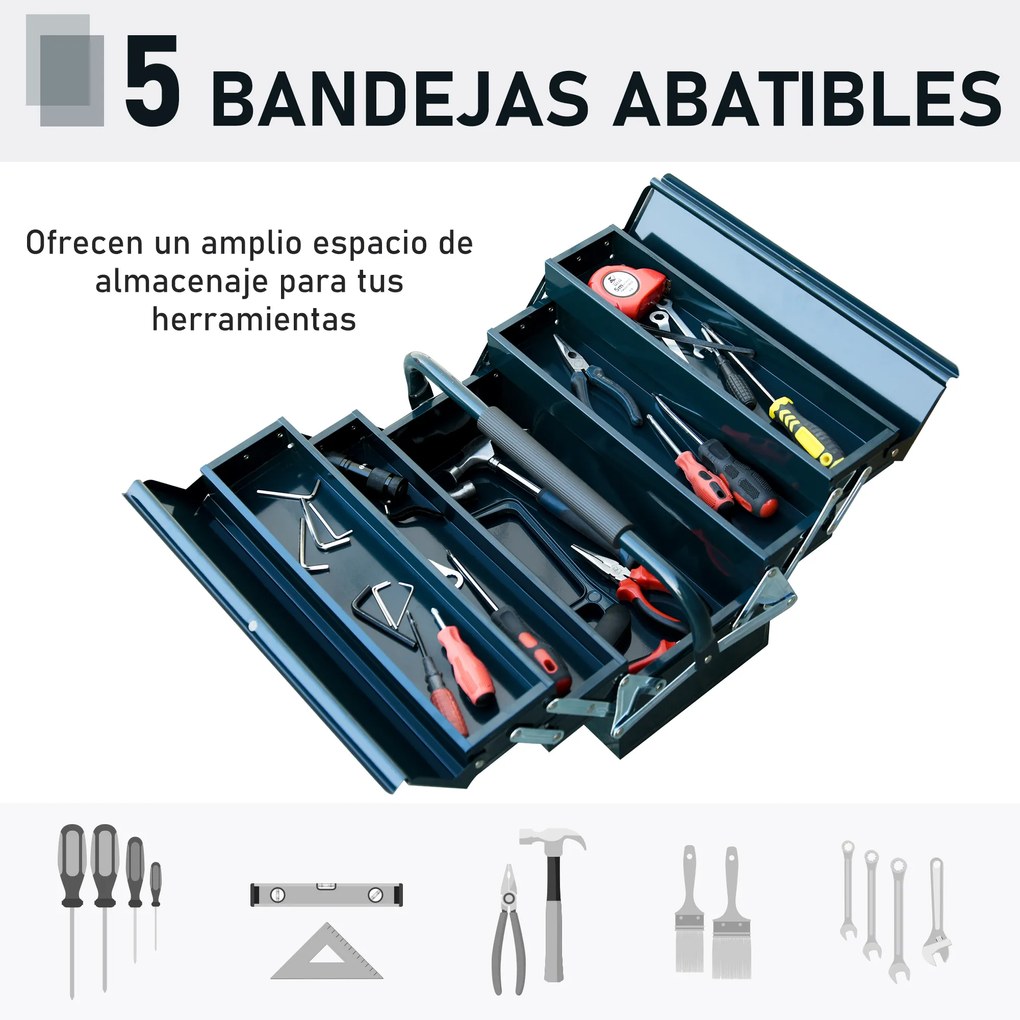 DURHAND Caixa de Ferramentas portátil Dobrável de Aço com 5 compartimentos com Alça de Transporte para oficina 57x21x41cm Verde
