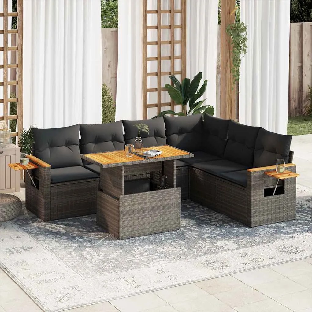 vidaXL 7 pcs conjunto sofás jardim almofadões vime PE/acácia cinzento