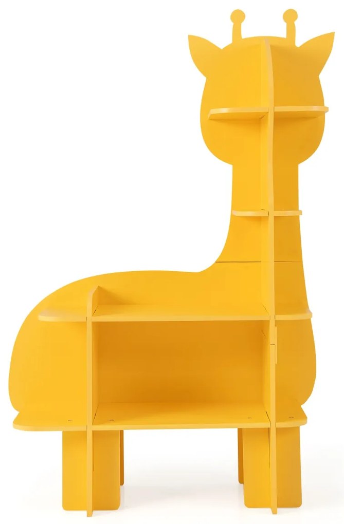 Estante de madeira para crianças com 4 níveis para girafas Organizador de brinquedos com prateleiras de arrumação abertas Amarela