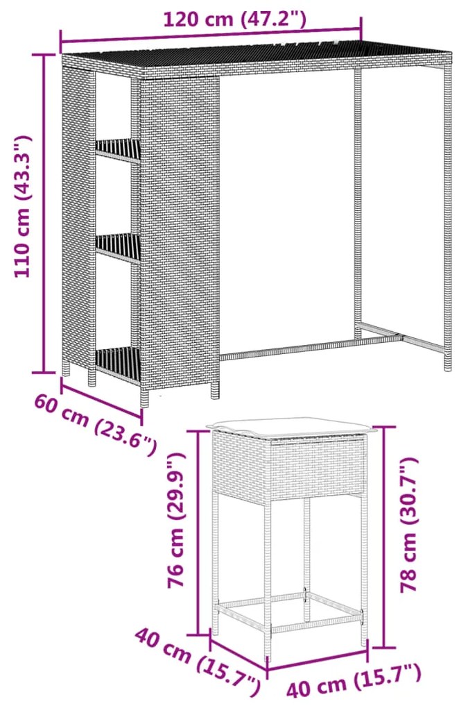 3 pcs conjunto de bar para jardim c/ almofadões vime PE preto