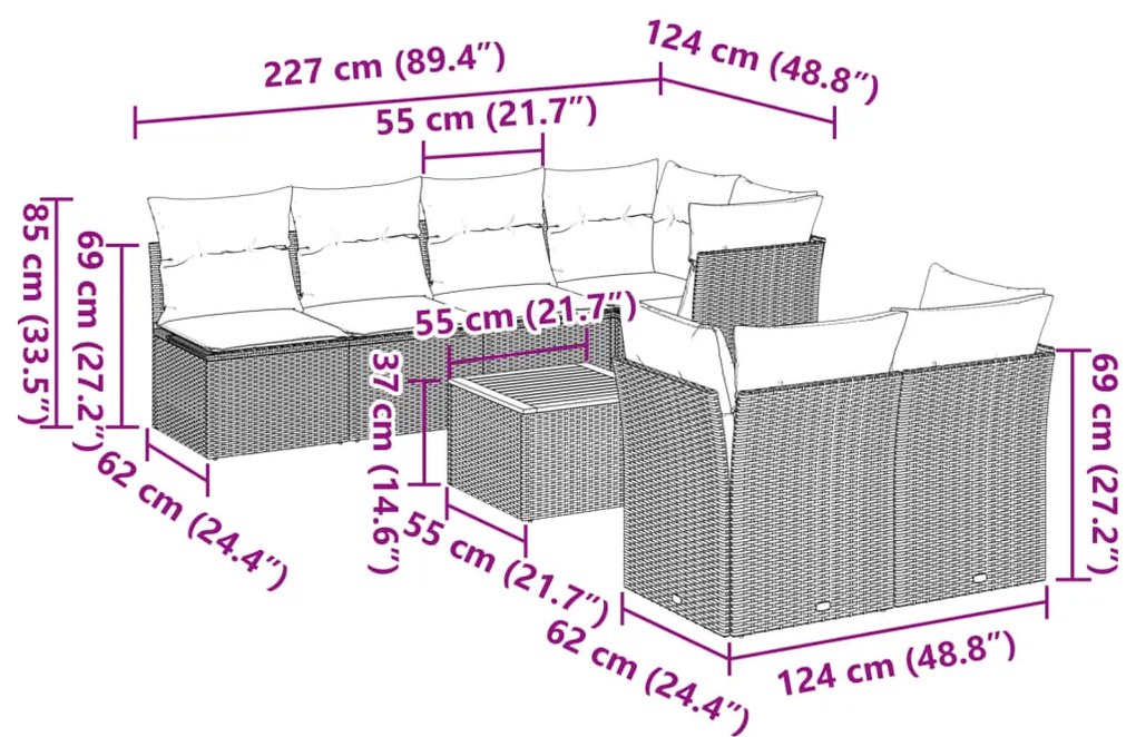 8 pcs conjunto sofás de jardim c/ almofadões vime PE cinzento