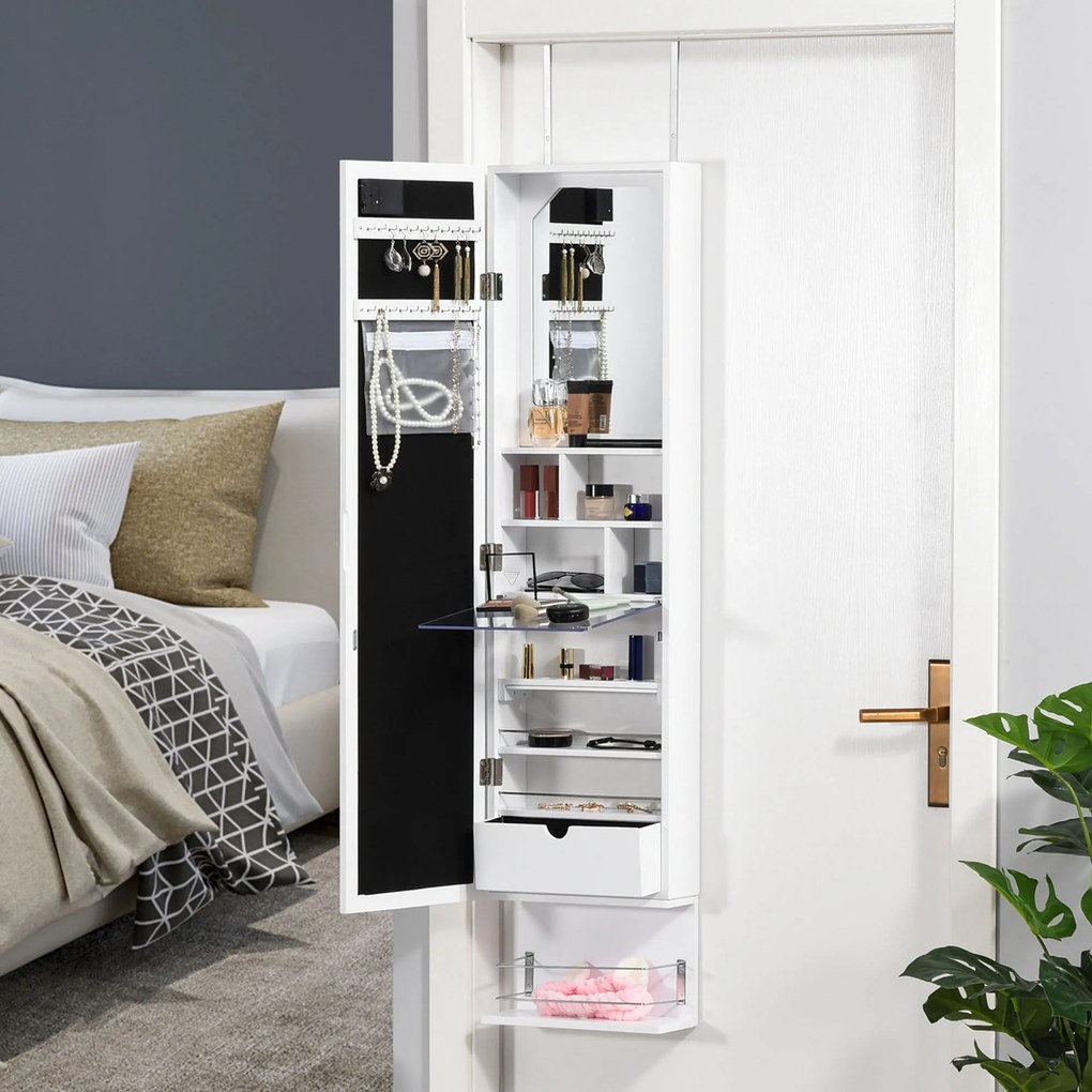 HOMCOM Espelho com Móvel de Bijuterias de Parede ou Porta Armário Guarda Jóias com 18 Luzes LED Altura Ajustável e Prateleira Aberta Organizador de Jóias 31,7x13,4x130cm Branco