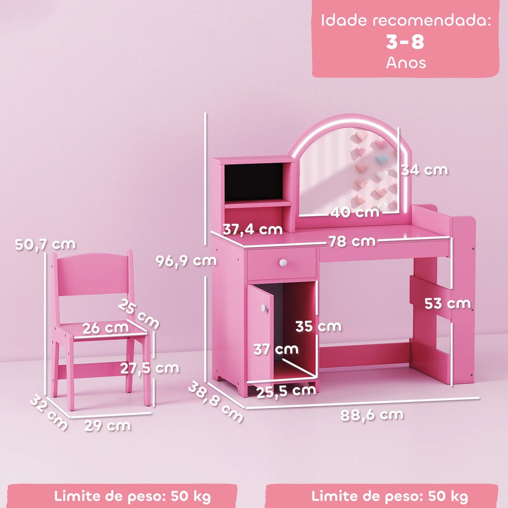 Toucador de Maquilhagem Infantil com Banquinho e Espelho com Luzes LED 1 Gaveta Armário e 5 Prateleiras Rosa