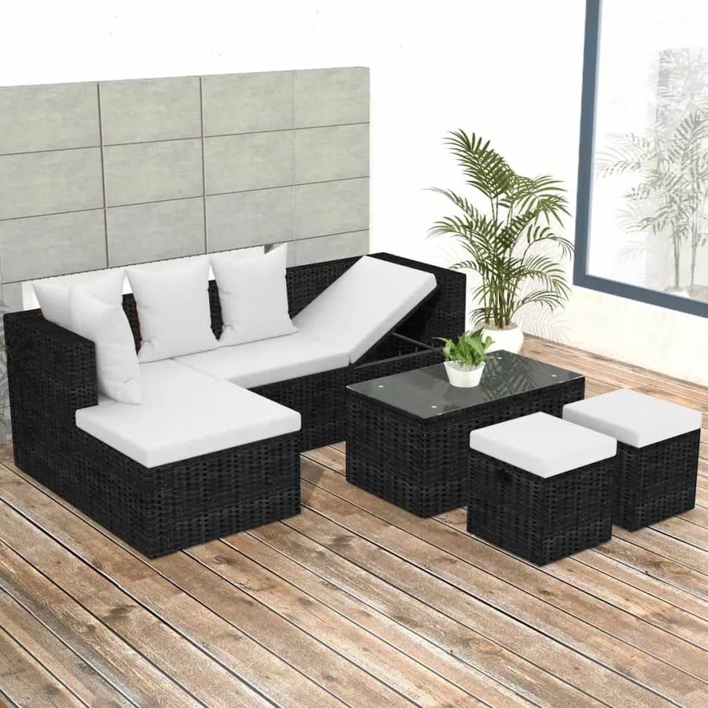 vidaXL 4 pcs conjunto lounge de jardim c/ almofadões vime PE preto
