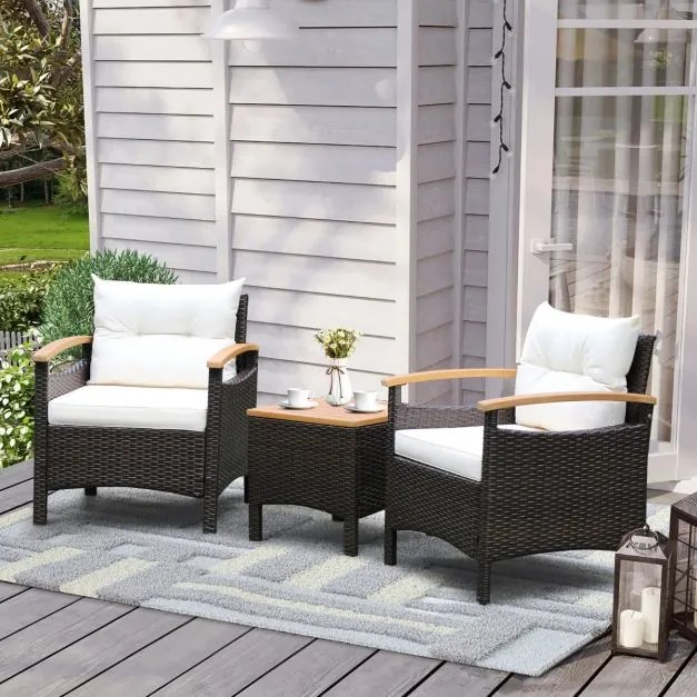 Conjunto jardim de 3 peças de mobiliário de jardim com mesa de centro Almofada amovível Apoio de braços em madeira de acácia para pátio Piscina Castan