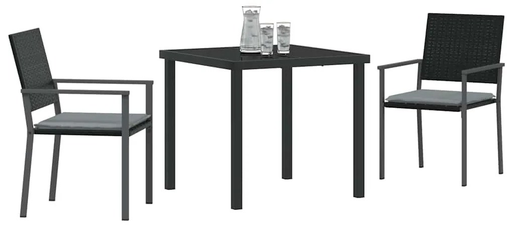 Conjunto de Jantar de Jardim 3 Peças com Almofadas Preto Rattan Poliés