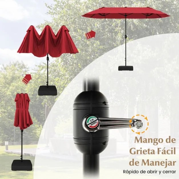 Guarda-sol duplo para jardim com base recarregável, manivela e 12 hastes de alta resistência Vermelho