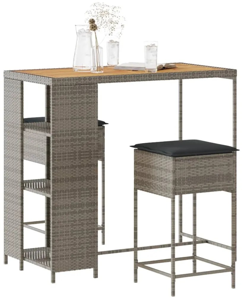 vidaXL 3 pcs conjunto de bar p/ jardim c/ almofadões vime PE cinzento