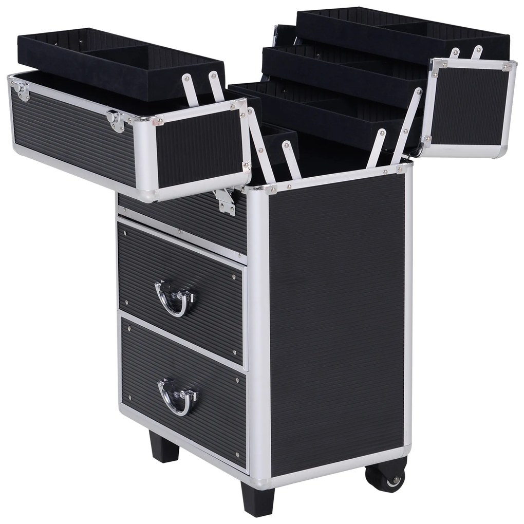 HOMCOM Estojo de maquiagem portátil Estojo profissional de cosméticos com 6 gavetas extensíveis, fechadura, rodas e alça retrátil 36x23x58 cm preta