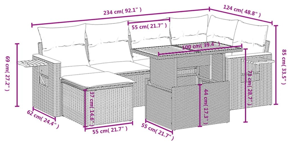 7 pcs conjunto de sofás p/ jardim c/ almofadões vime PE preto