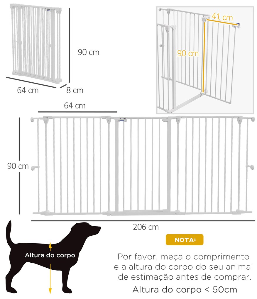 Barreira para Cães de Aço Barreira de Segurança para Animais de Estimação Dobrável de 3 Painéis Fechamento 206x90 cm Branco