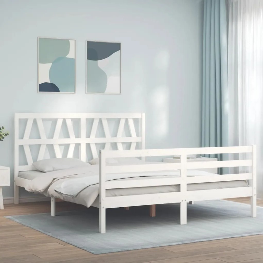 vidaXL Estrutura de cama King Size com cabeceira madeira maciça branco