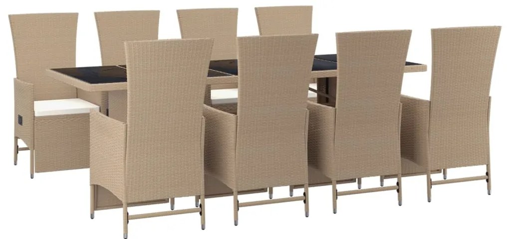 9 pcs conjunto de jantar p/ jardim com almofadões vime PE bege