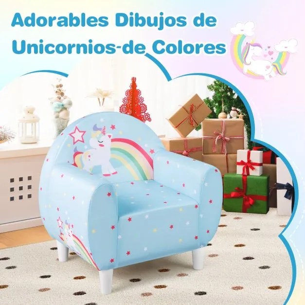 Sofá infantil 55 x 41 x 54 cm com tecido respirável e enchimento de espuma de alta densidade colorido desnho de unicórnio Azul