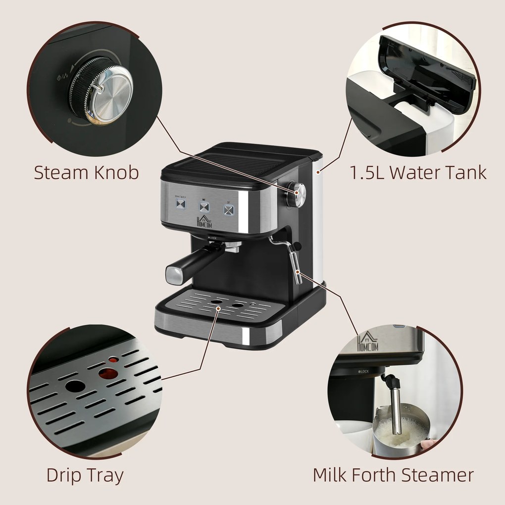 Cafeteira Semi Automática 850W de 15 Bar de Pressão com Depósito 1,5L Espumador de Leite para Espresso Capuccino Latte Macchiato Vaporizador Orientável 35,5x21x29cm Preto