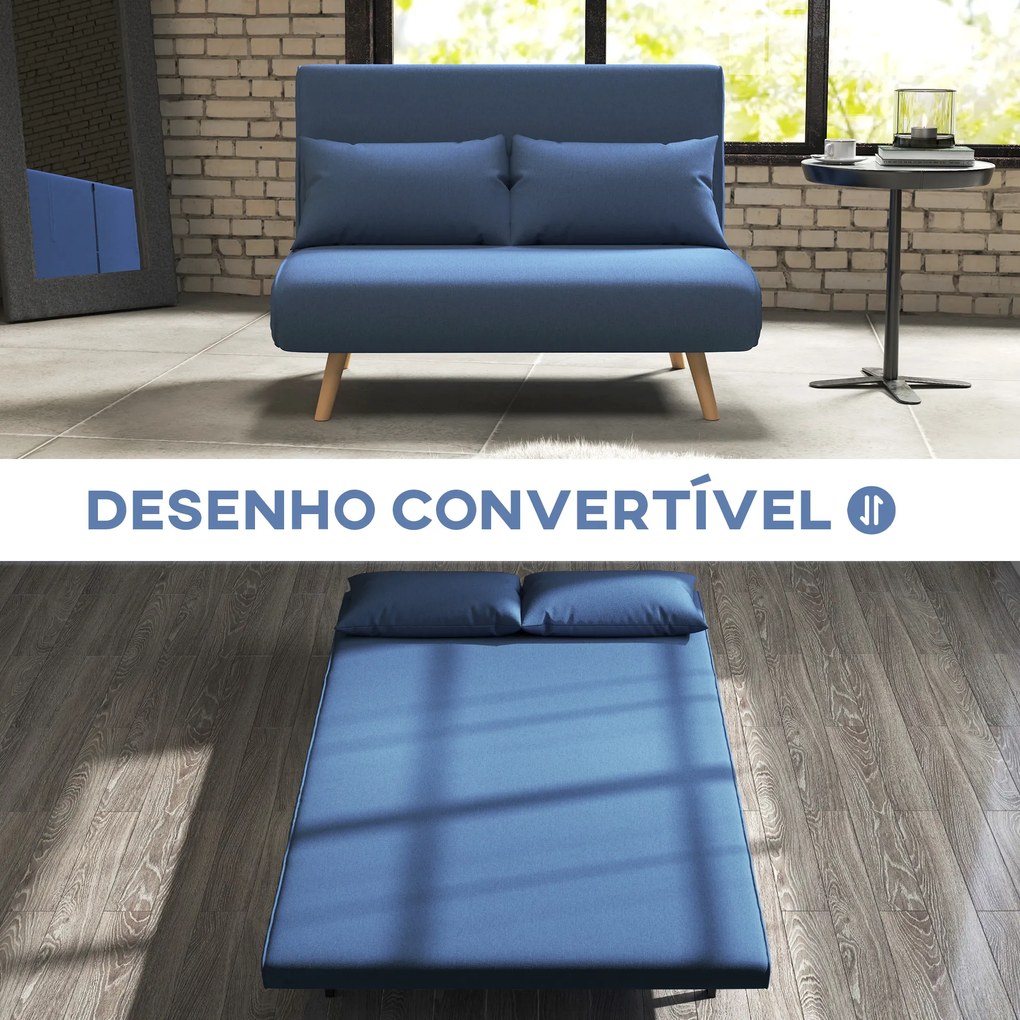 Sofá Cama de 2 Lugares Dobrável Estofado em Linho com Encosto Ajustável em 5 Posições e 2 Almofadas 120x75x85 cm Azul Escuro