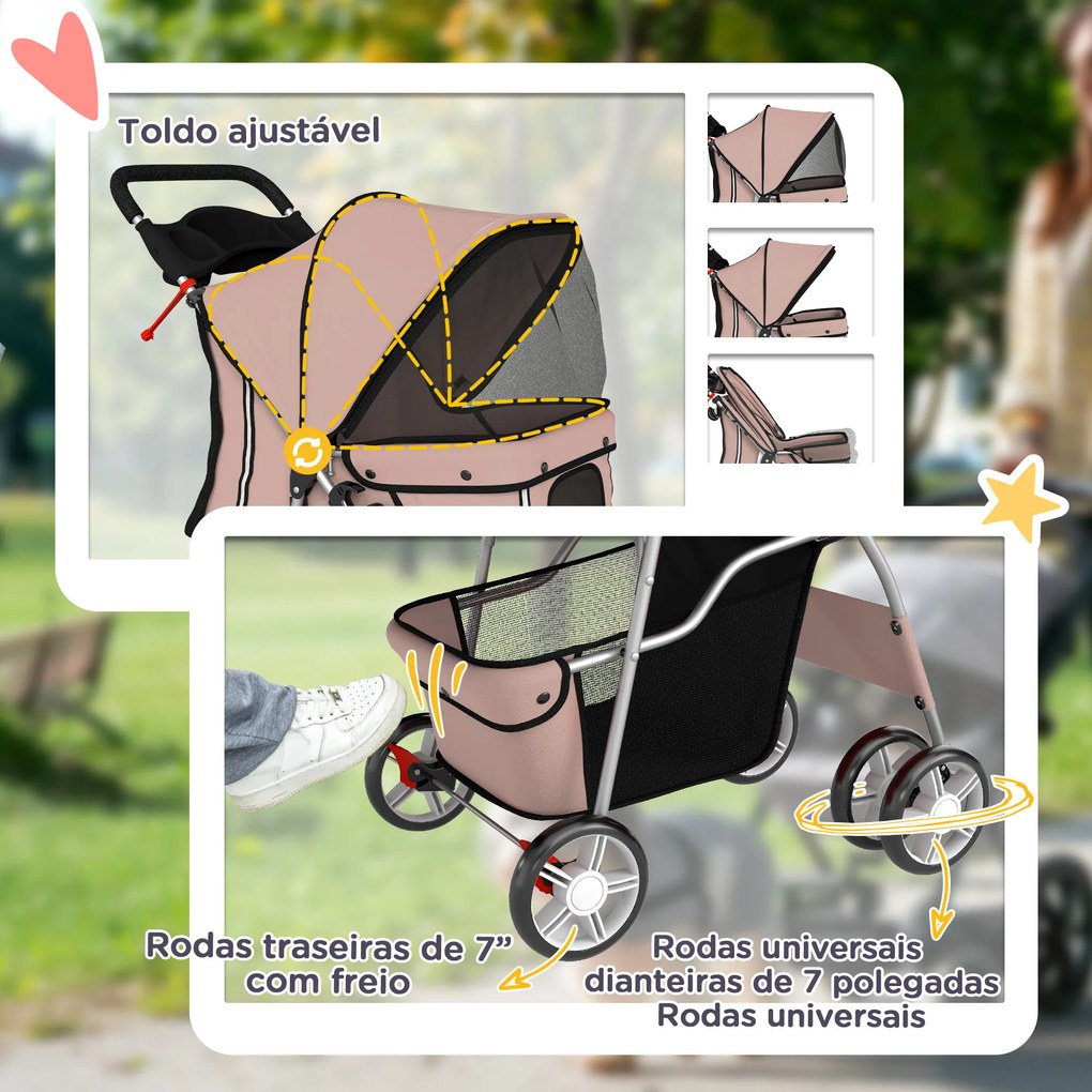 Carrinho para Cães Pequenos com Cesto de Armazenamento Suporte para Copos Rodas e Almofada Lavável 77x44x102 cm Castanho