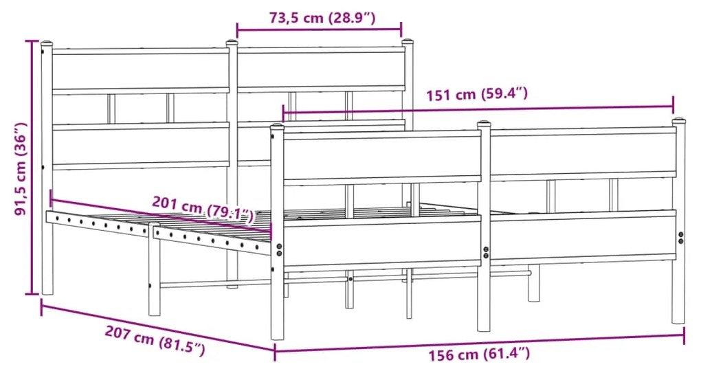 Estrutura de cama sem colchão 150x200cm metal carvalho sonoma