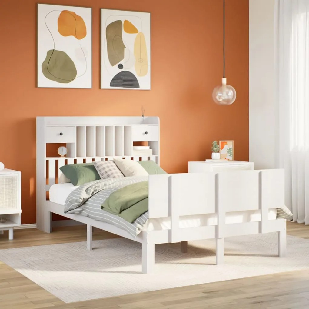 Cama com estante sem colchão 135x190 cm pinho maciço branco
