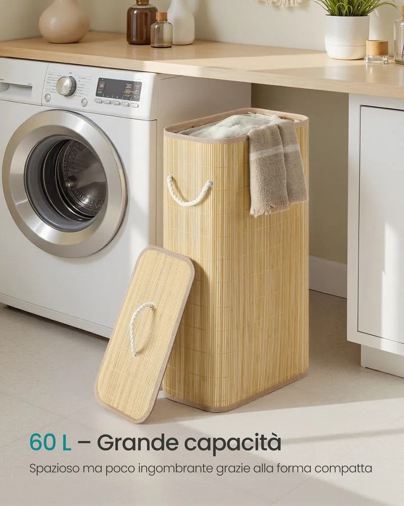 Cesto para roupa suja 60 L, 40 x 22 x 70 cm em bambu com tampa e saco removível natural