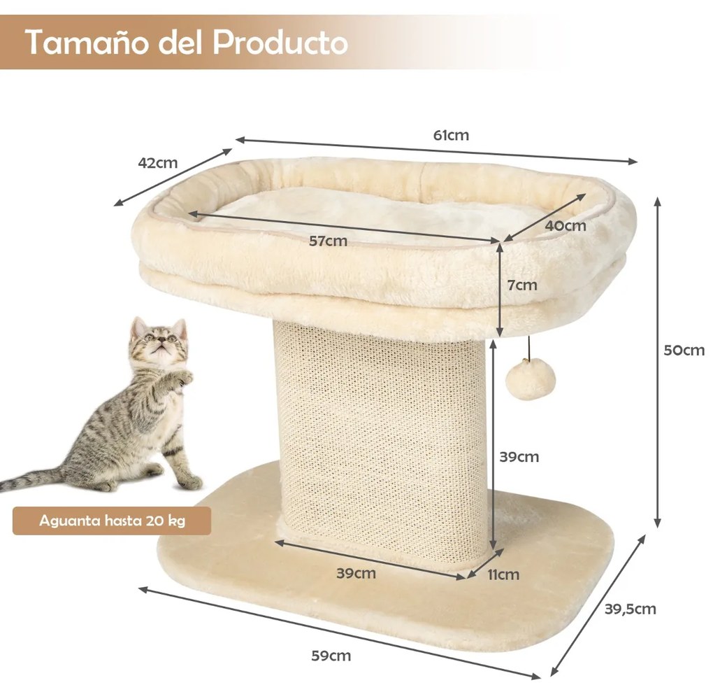 Arranhador gatos pequenos Torre de actividades com suporte de pelúcia e poste de arranhar de sisal 59 x 39,5 x 50 cm Bege