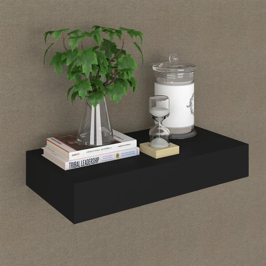 288205 vidaXL Prateleira de parede suspensa com gaveta 48x25x8 cm preto